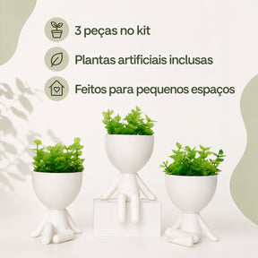 Benefícios do kit com três mini vasos e plantas artificiais inclusas