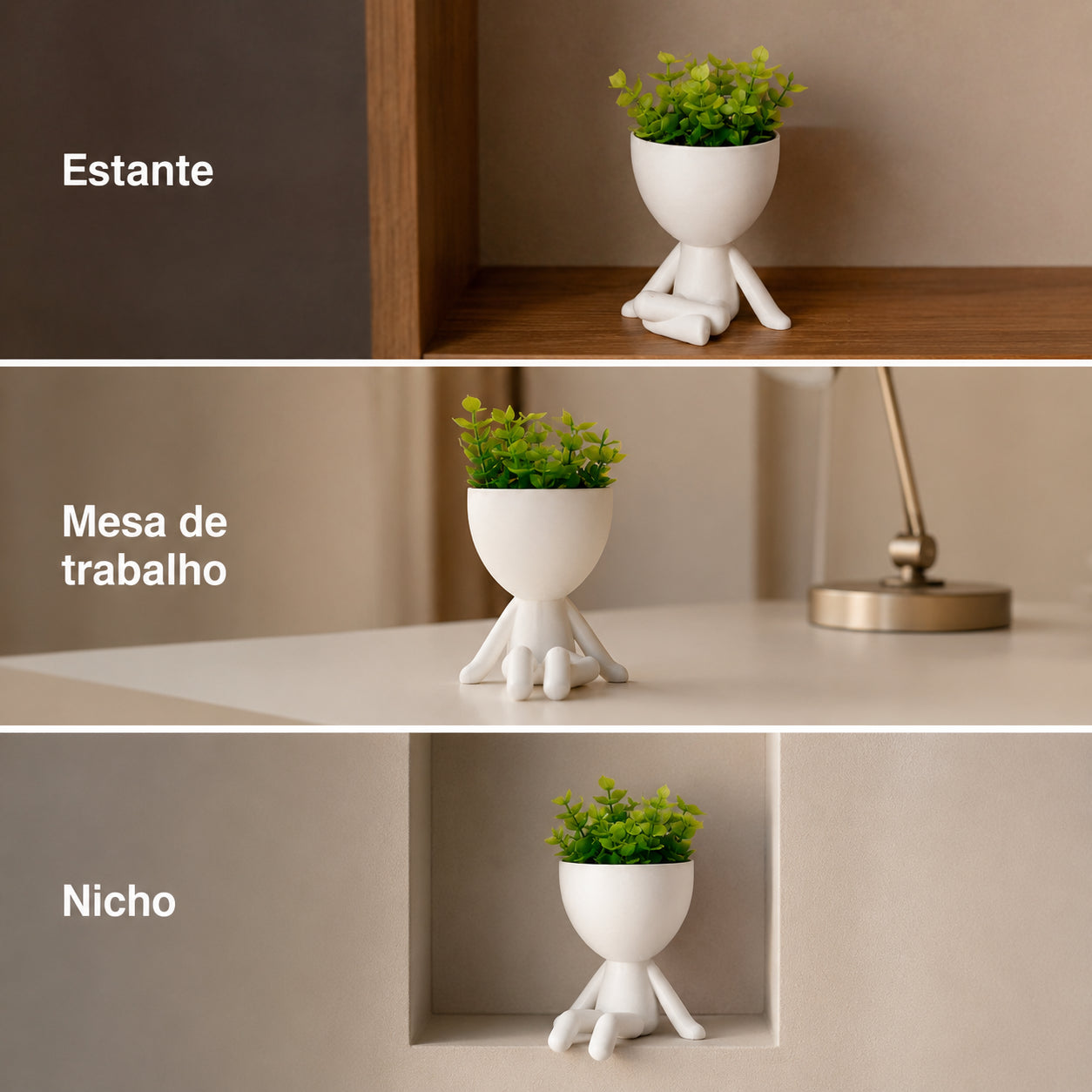 Mini vasos decorativos em estante, mesa de trabalho e nicho