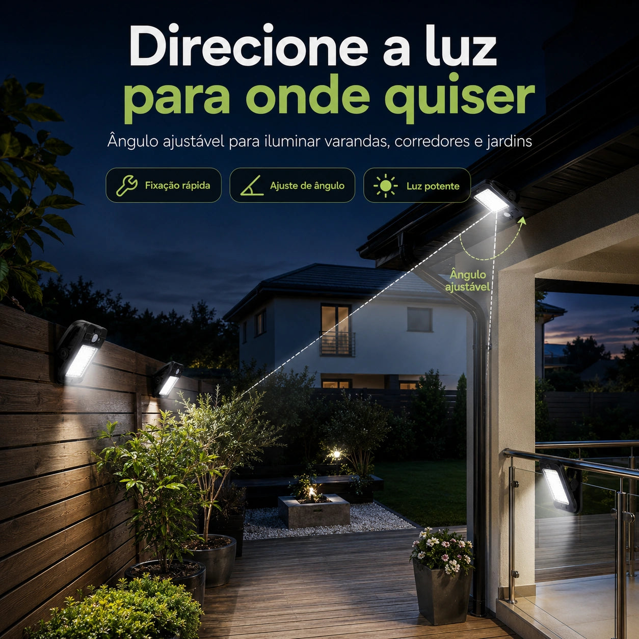 Luminária solar com clip e sensor de movimento instalada na entrada de casa — segurança noturna para a família