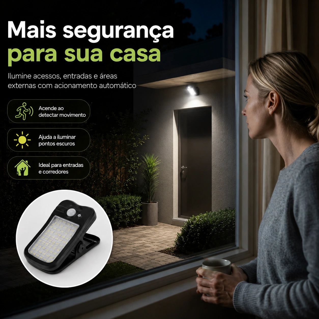 Luminária solar iluminando garagem à noite — visibilidade ao chegar e sair de carro