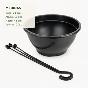 Medidas do vaso cuia 21: boca 21 cm, altura 10 cm, haste 43 cm e volume 2,2 litros