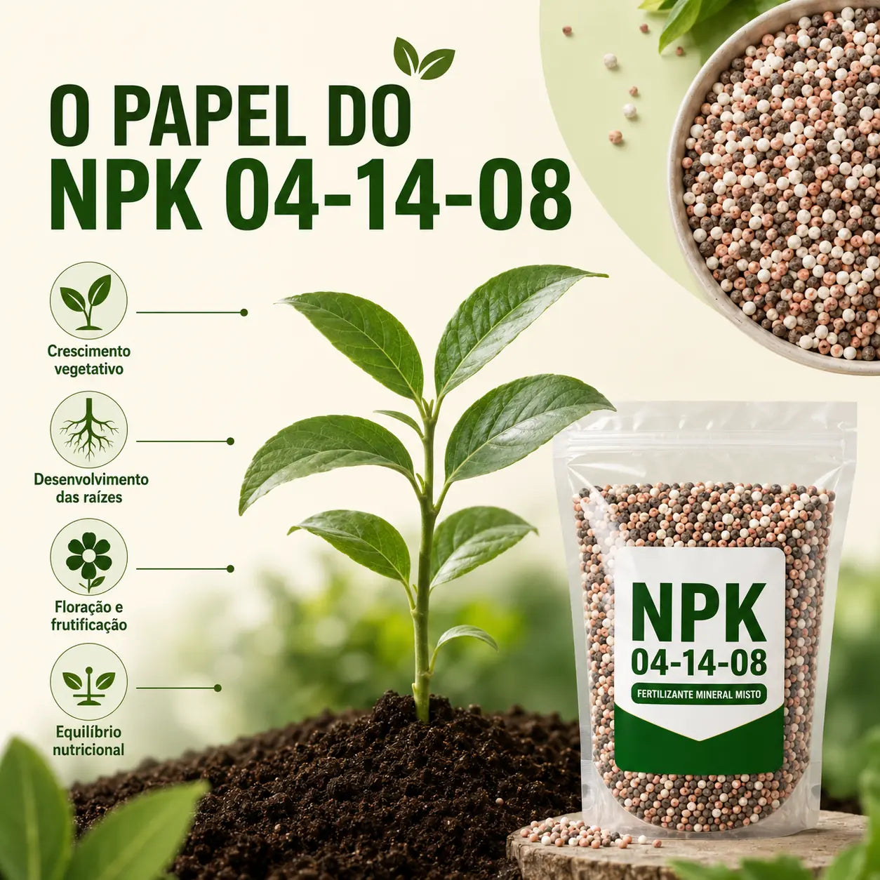 NPK Fertilizante 04-14-08 - 5 kg para Floração e Frutos