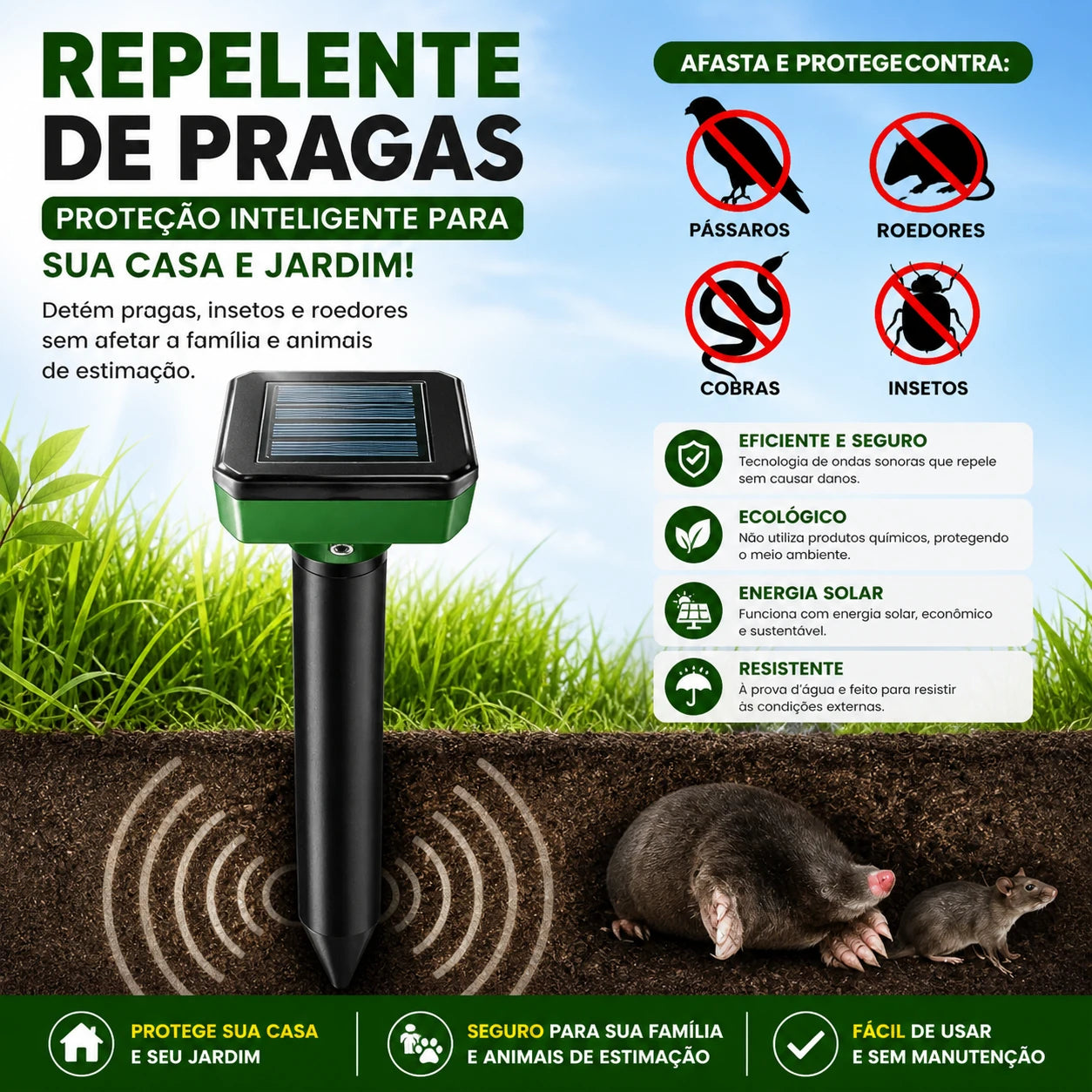 Repelente Solar Ultrassônico  - Espanta Pombos, Morcegos e Roedores