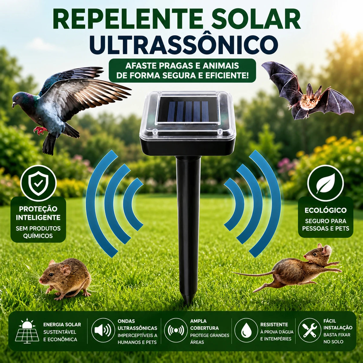 Repelente Solar Ultrassônico  - Espanta Pombos, Morcegos e Roedores