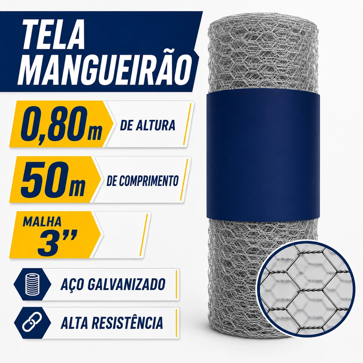 Tela Mangueirão Galvanizada 0,80 × 50 m Fio 18