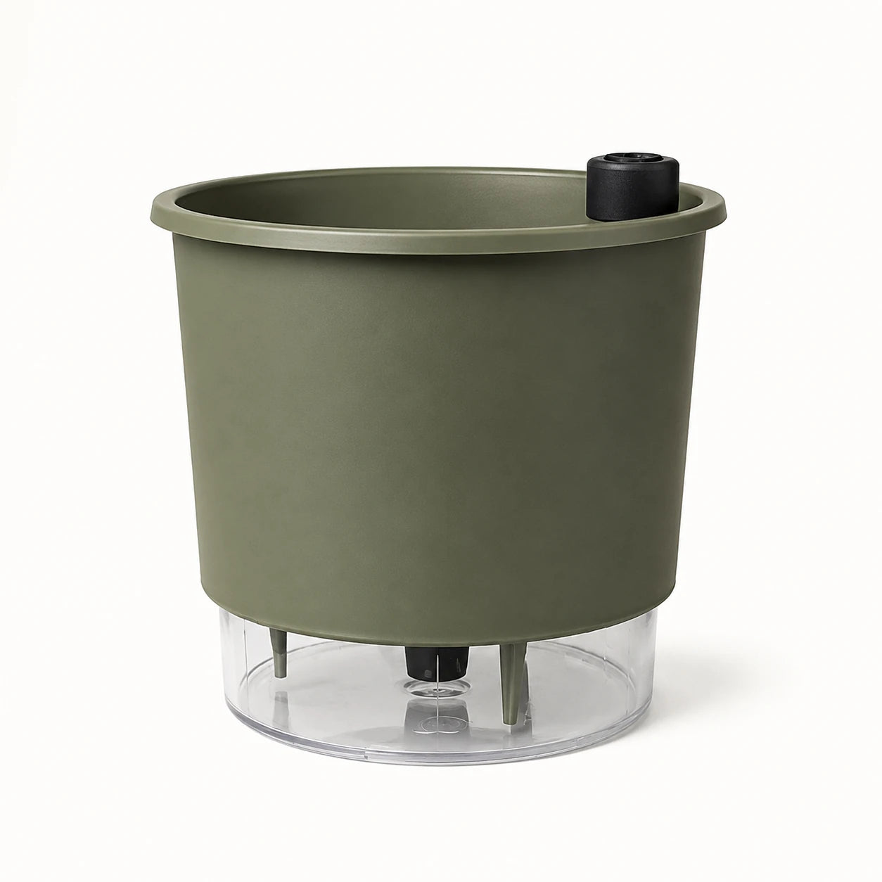Vaso autoirrigável verde militar com reservatório transparente, vista frontal