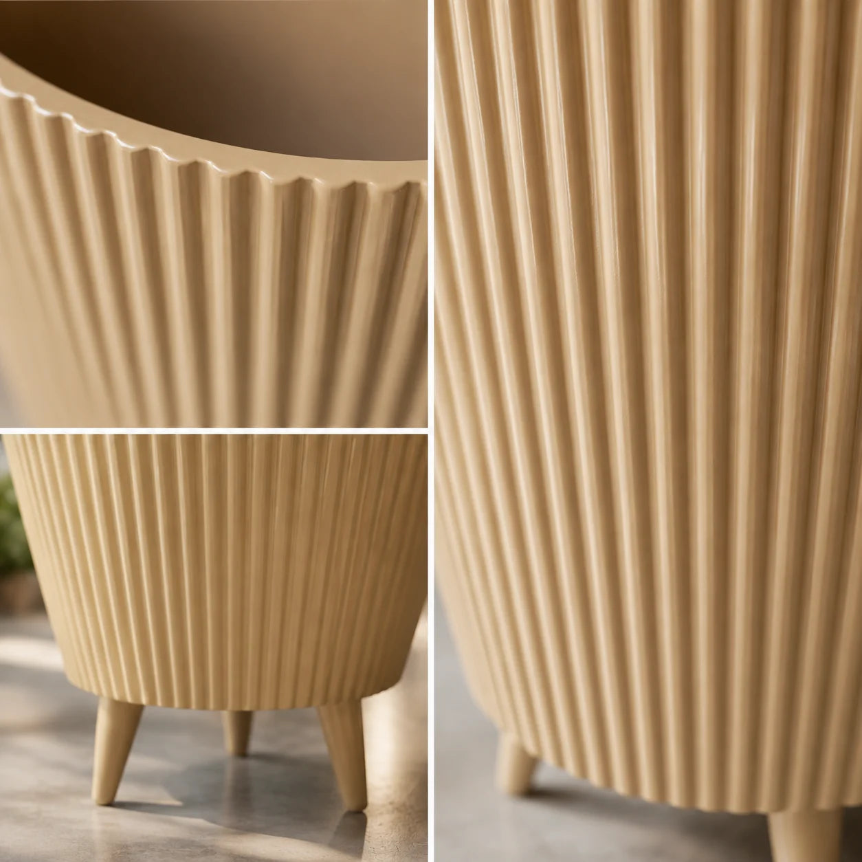 Detalhes da textura canelada, borda e pés do vaso bege