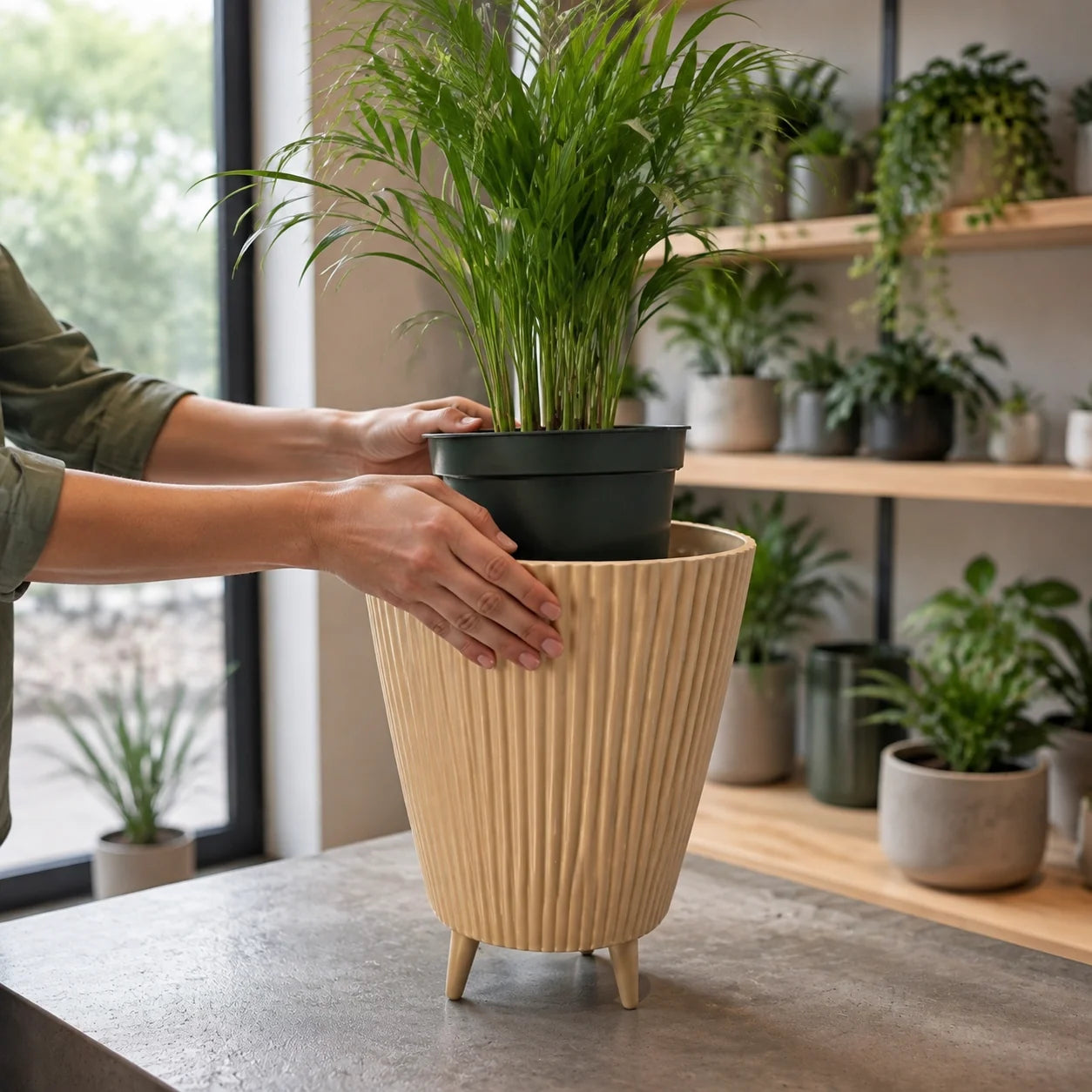 Vaso de cultivo sendo colocado dentro do vaso canelado bege